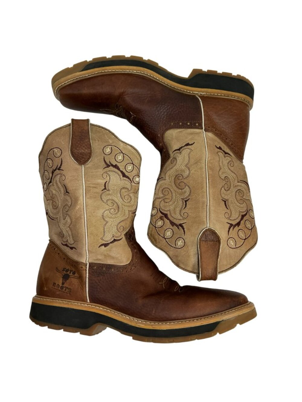 Soto Boots Western Broad Square Toe Embroidered Leather Cowboy Work Boots Mens B - Picture 4 of 13